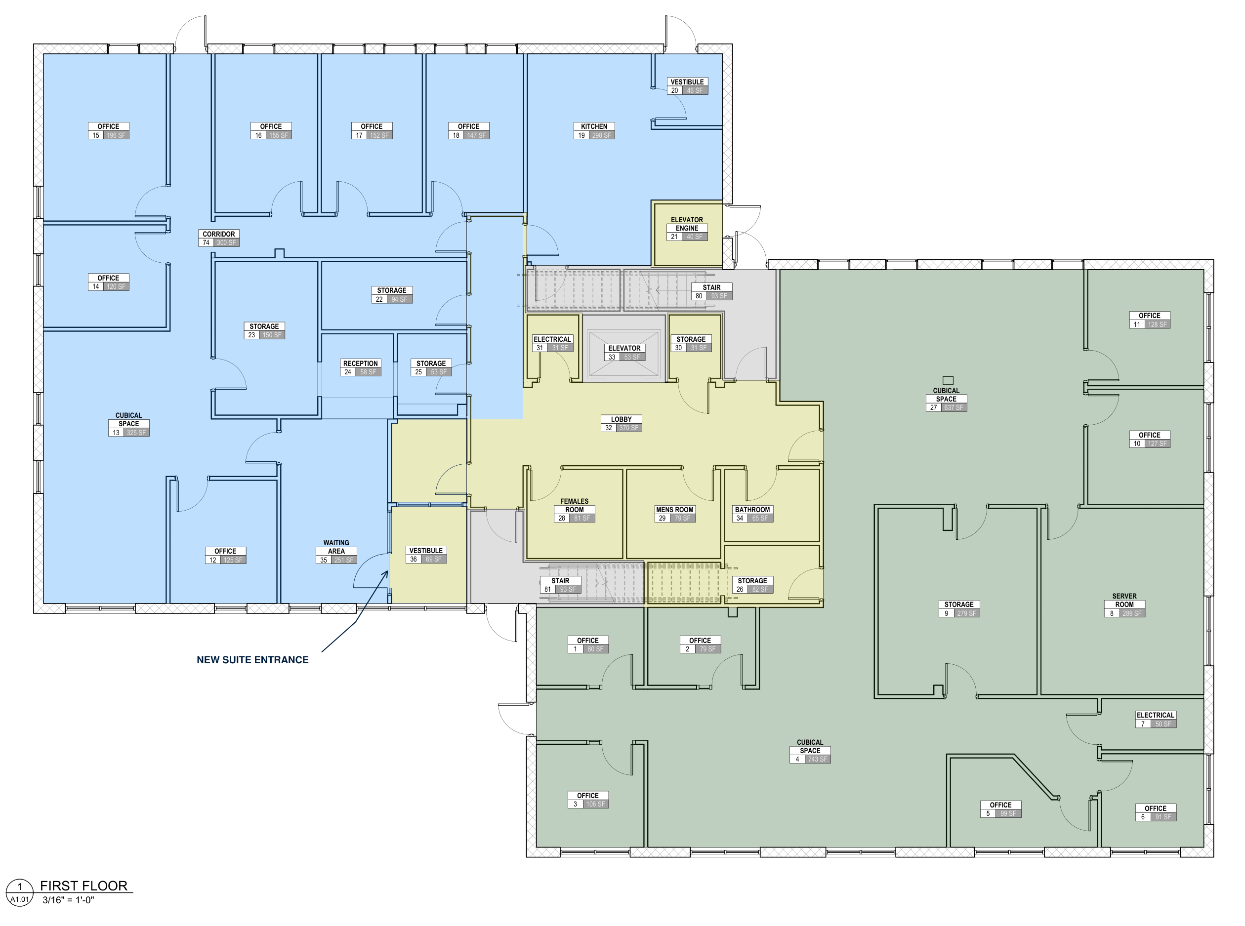 First-floor plan of 3001 Chesterfield Avenue. The available suite and its hallway are blue. The front vestibule is yellow. The new suite entrance is in its left wall beside the waiting area.